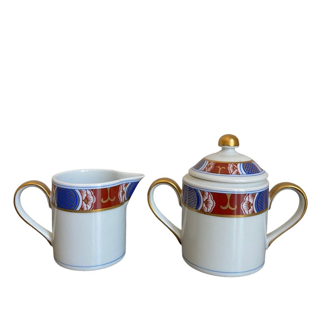 Fitz & Floyd Discontinued Porcelain Nishiki Creamer Sugar Bowl Lid Set Geometric